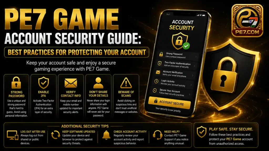 PE7 Game Account Security Guide banner showing account protection features, strong password practices, two-factor authentication, security verification, and safe account management tips.