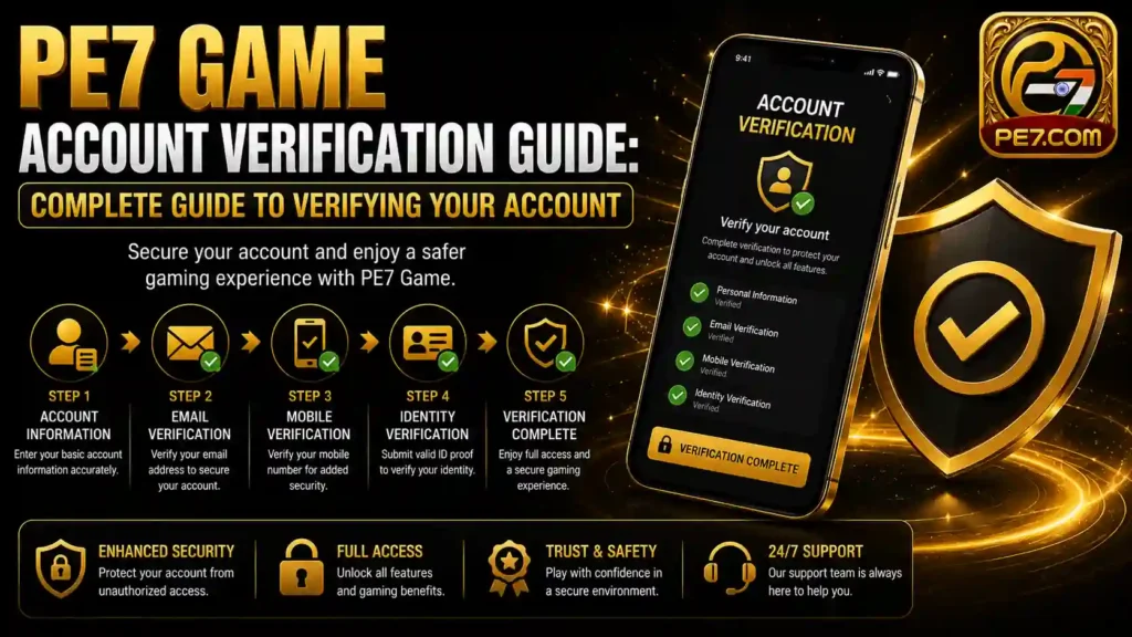 PE7 Game Account Verification Guide banner showing secure account verification steps, identity confirmation process, account protection measures, and user verification features for PE7 Game users.