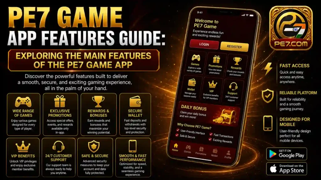 PE7 Game App Features banner showcasing the main application functions, user-friendly navigation, account management tools, mobile optimization, security features, and performance enhancements for PE7 Game users.
