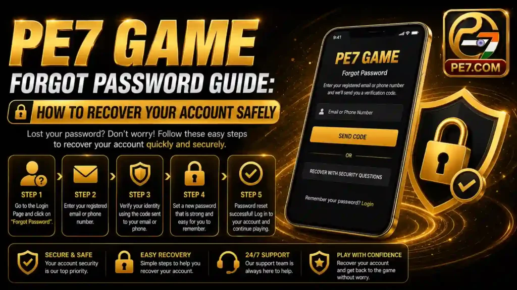 PE7 Game Forgot Password Guide banner showing secure account recovery steps, password reset process, identity verification, and account security features for PE7 Game users.