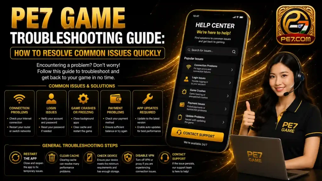 PE7 Game Troubleshooting Guide banner featuring common technical issues, login errors, connection problems, account access solutions, and troubleshooting resources for PE7 Game users.
