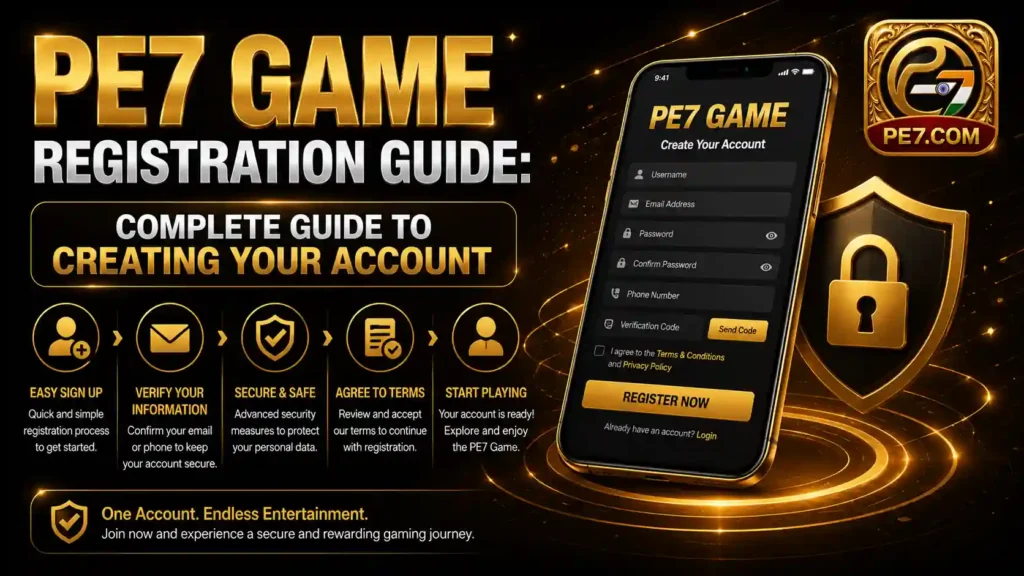 PE7 Game Registration Guide banner showing step-by-step account creation, registration process, account verification, and secure sign-up features for new PE7 Game users.