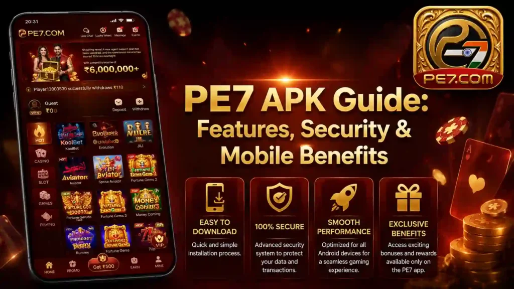 PE7 APK Guide showing features, security protection, mobile benefits, and easy installation process for Android users