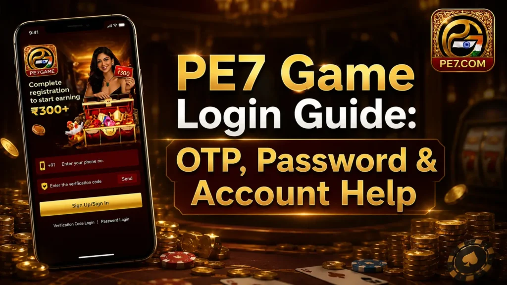 PE7 Game Login interface with mobile number verification and sign up page